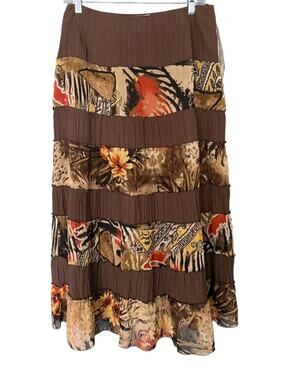 Basler Germany Boho Tiered Crinkle Midi Skirt Women's 10 Brown Floral Patchwork